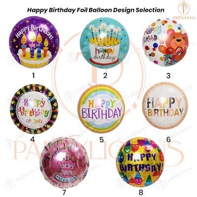 The eight Happy Birthday foil balloon designs