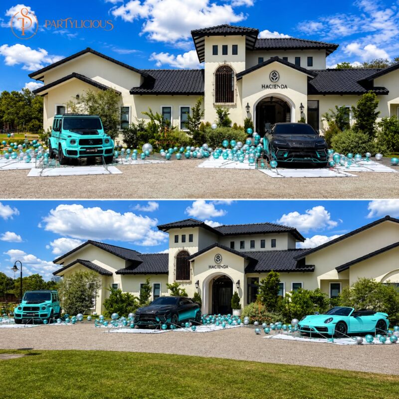 New car surprise decoration with luxury cars inside a floating balloon setup on a private driveway in KL