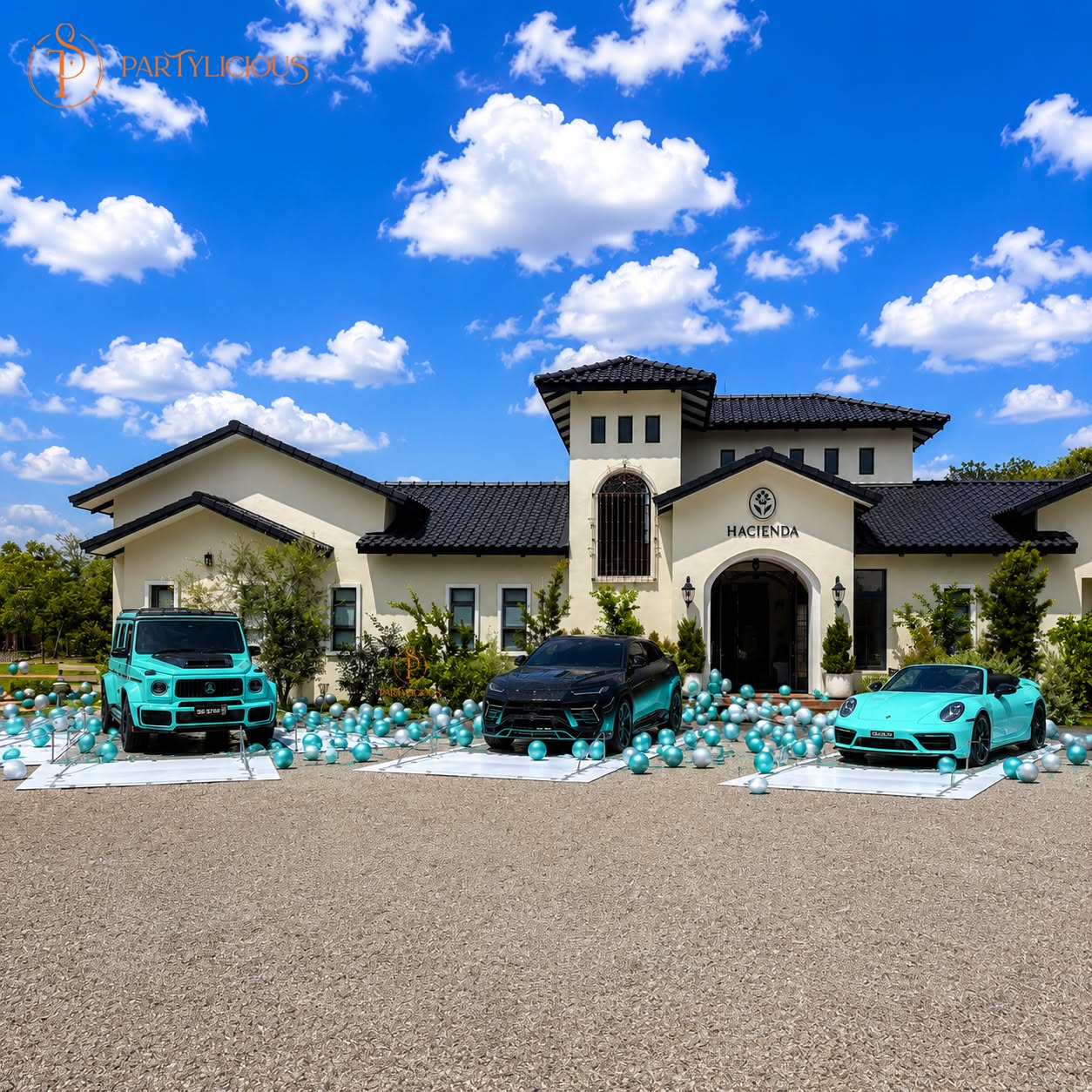 Three cars revealed inside a teal and silver balloon floor arrangement